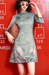 Green Printed Suede A-Line Qipao / Cheongsam Dress