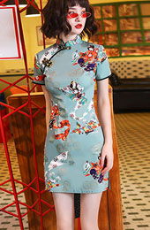 Blue Printed Short Qipao / Cheongsam Dress