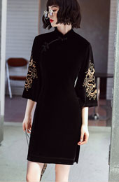 Black Embroidered Dragon Velvet Qipao / Cheongsam Dress