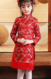 Red Kids Girl's New Year Jacquard Qipao / Cheongsam Dress