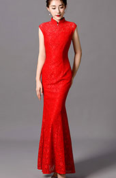 Red Lace Fishtail Wedding Qipao / Cheongsam Dress with Shawl