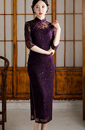 2021 Purple Velvet Maxi Qipao / Cheongsam Dress