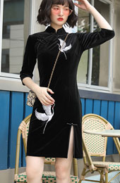 Black Embroidered Velvet Qipao / Cheongsam Dress