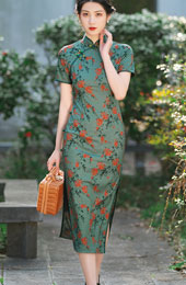 2022 Spring Green Floral Print Qipao / Cheongsam Dress