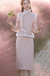 Pink 2 Pieces Embroidered Cheongsam Dress and Waistcoat