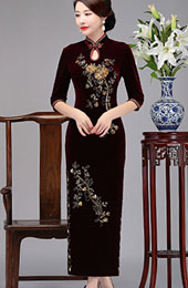 Bridal Mother Beaded Floral Velvet Qipao / Cheongsam Dress