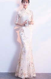 Champagne Embroidered Fishtail Qipao / Cheongsam Prom Dress