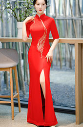 Red Yellow Split Front Maxi Qipao / Cheongsam Prom Dress