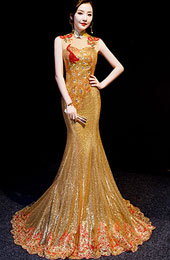 Gold Sequined Phoenix Qipao / Cheongsam Dress with Mermaid Train