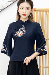 Red Blue Linen Qipao / Cheongsam Blouse Top with Bell Sleeve