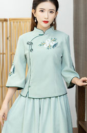 Green White Embroidered Qipao / Cheongsam Blouse Top