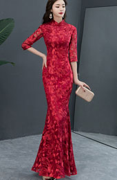 Burgundy Fishtail Qipao / Cheongsam Wedding Dress