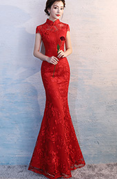 Red Long Fishtail Qipao / Cheongsam Wedding Dress