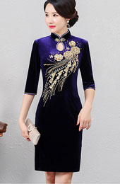 Mothers Red Blue Beaded Velvet Qipao / Cheongsam Dress