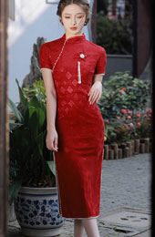 Red White Lace Engagement Pearl Qipao / Cheongsam Dress