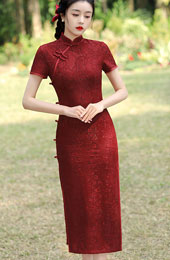 Burgundy Lace Midi Tea Qipao / Cheongsam Dress