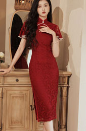 Pearls Midi Lace Qipao / Cheongsam Dress with Flutter Sleeve