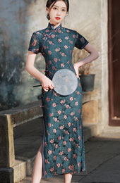 2022 Blue Floral Lace Maxi Qipao / Cheongsam Dress