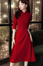 Burgundy Lace A-Line Cheongsam Qipao Wedding Dress