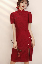 Wine Red Lace Short Qipao / Cheongsam Wedding Dress