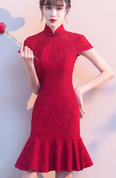 Wine Red Lace Qipao / Cheongsam Wedding Dress with Frill Hem