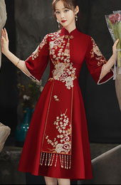 A-Line Embroidered Midi Qipao / Cheongsam Wedding Dress