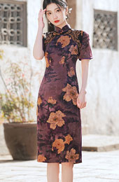 Purple Green Mother's Floral Midi Qipao / Cheongsam Dress