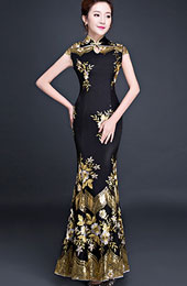 Black Embroidered Fishtail Qipao / Cheongsam Prom Dress