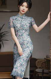 2022 Gray Floral Lace Midi Qipao / Cheongsam Dress