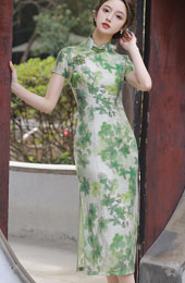 Green Floral Linen Tea Qipao / Cheongsam Dress