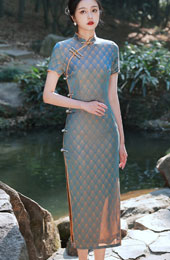 Blue Jacquard Tea-Length Qipao / Cheongsam Dress