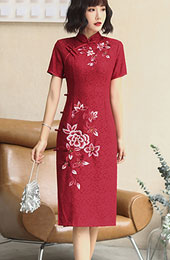 Embroidered Red Lace Midi Qipao / Cheongsam Dress