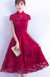 Burgundy Lace Fit & Flare Cheongsam / Qipao Prom Dress
