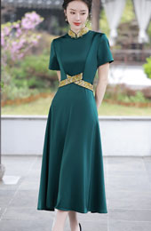 Green Black Belt Fit & Flare Maxi Qipao / Cheongsam Dress