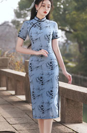 Blue Rose Print Midi Tea Cheongsam / Qipao Dress