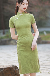 2022 Green Jacquard Linen Qipao / Cheongsam Dress
