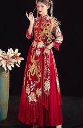 Red Shimmering Embroidered Phoenix Wedding Qun Kwa