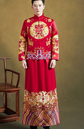 Red Embroidered Men's Dragon Wedding Tang Suit, Jacket & Skirt