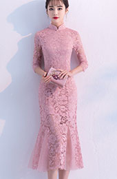 Pink Lace Fishtail Tea Cheongsam / Qipao Dress