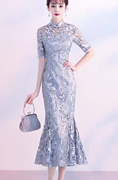 Gray Burgundy Lace Fishtail Tea Cheongsam / Qipao Dress