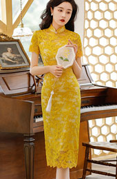 Beige Yellow Floral Lace Mid Cheongsam / Qipao Dress