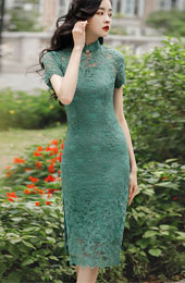 Green Floral Lace Mid Cheongsam / Qipao Dress