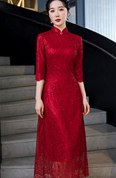 Red Bridal Mother's Sequined A-Line Qipao / Cheongsam Dress