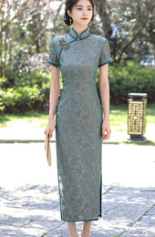 2022 Blue Jacquard Maxi Qipao / Cheongsam Dress