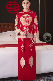 Embroidered Dragon Men's Wedding Qun Kwa Jacket & Skirt