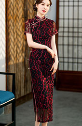 Blue Red Velvet Mothers Maxi Qipao / Cheongsam Dress