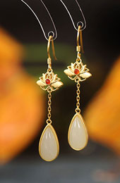 Gold Silver Lotus Jade Drop Dangle Earrings