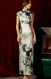 2022 Lotus Print Maxi Qipao / Cheongsam Dress