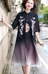 Pink Black Mother's Chiffon Qipao / Cheongsam Dress