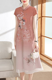 Pink Green Floral Chiffon Tea Length Qipao / Cheongsam Dress